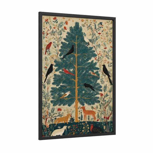 Wildlife Cedar Tree framed art print — black wood frame — teal and gold palette