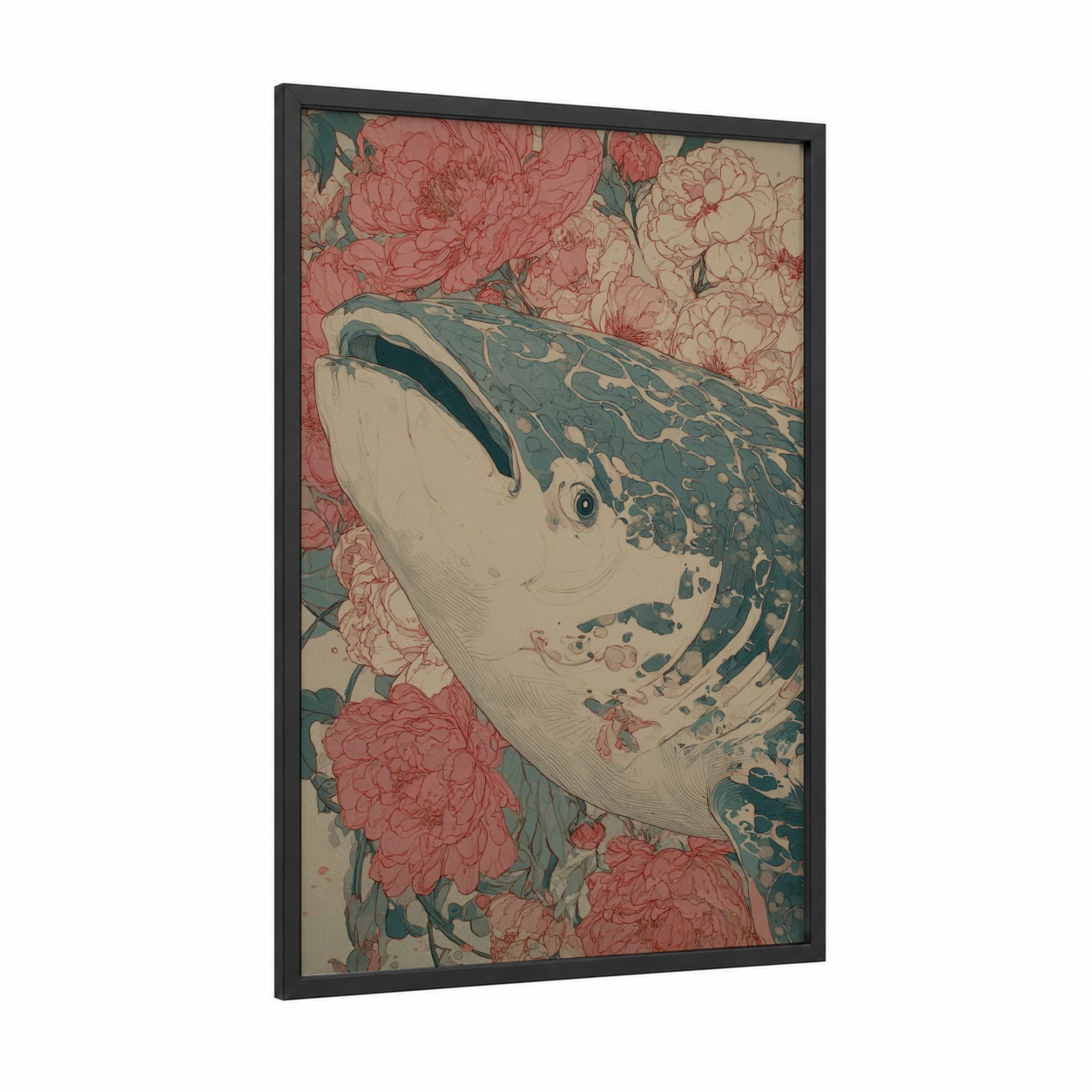 Floral Whale Shark framed art print — black wood frame — salmon pink and dove gray palette