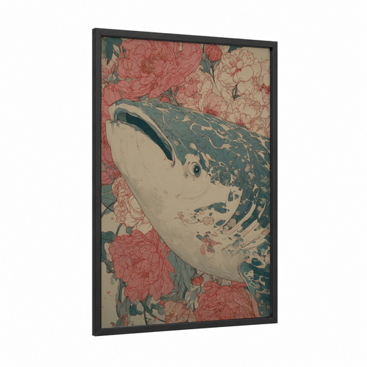 Floral Whale Shark framed art print — black wood frame — salmon pink and dove gray palette