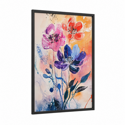 Watercolor Blooms framed abstract flower print — black wood frame — magenta and orange palette