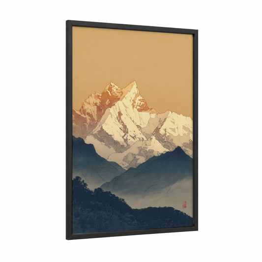 Golden Alps framed art print — black wood frame — gold and dark blue palette