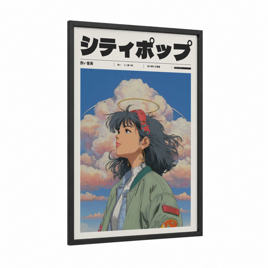 Dreaming Wanderer framed anime and manga print — black wood frame — blue and cream palette