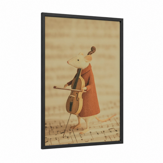 Musical Mouse framed mice print — black wood frame — cream and russet palette