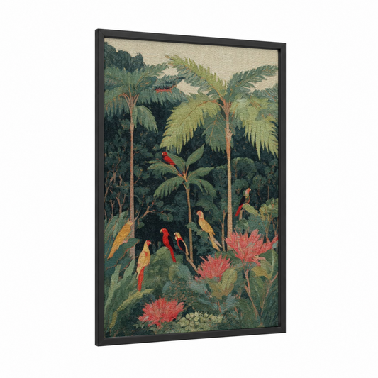 Tropical Jungle Paradise framed tropical trees print — black wood frame — dark green and gold palette