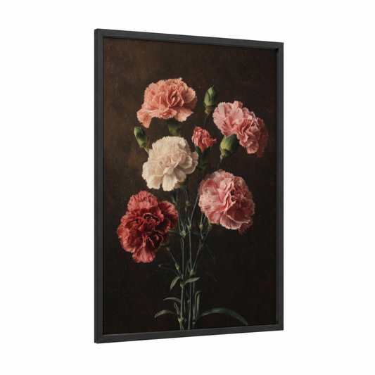 Vintage Carnation Bunch framed carnations print — black wood frame — salmon pink and espresso palette
