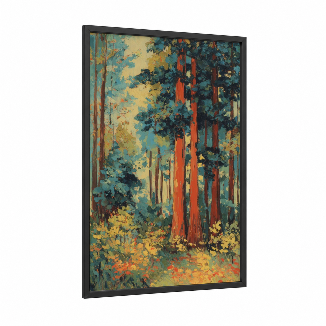Autumn Redwood Forest framed redwood tree print — black wood frame — gold and teal palette