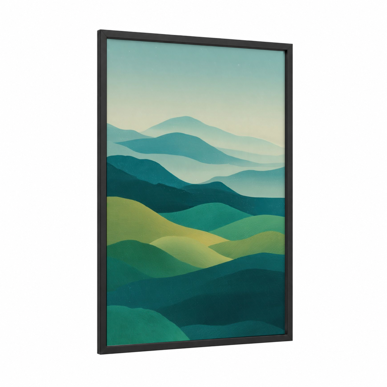 Layered Rolling Landscape framed grass print — black wood frame — teal and light green palette