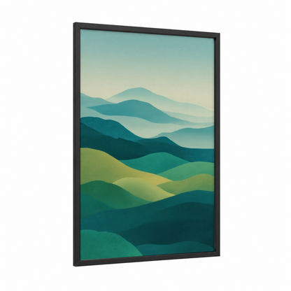 Layered Rolling Landscape framed grass print — black wood frame — teal and light green palette