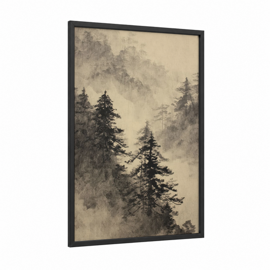 Misty Cedar Forest framed art print — black wood frame — black and white and cream palette