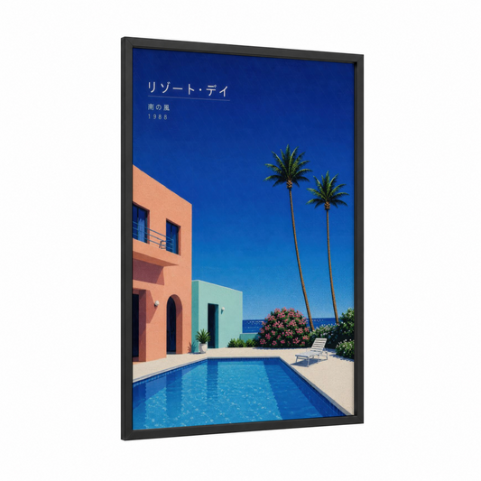 Tropical Resort Pool Paradise Wall Art framed palm tree print — black wood frame — blue and peach palette
