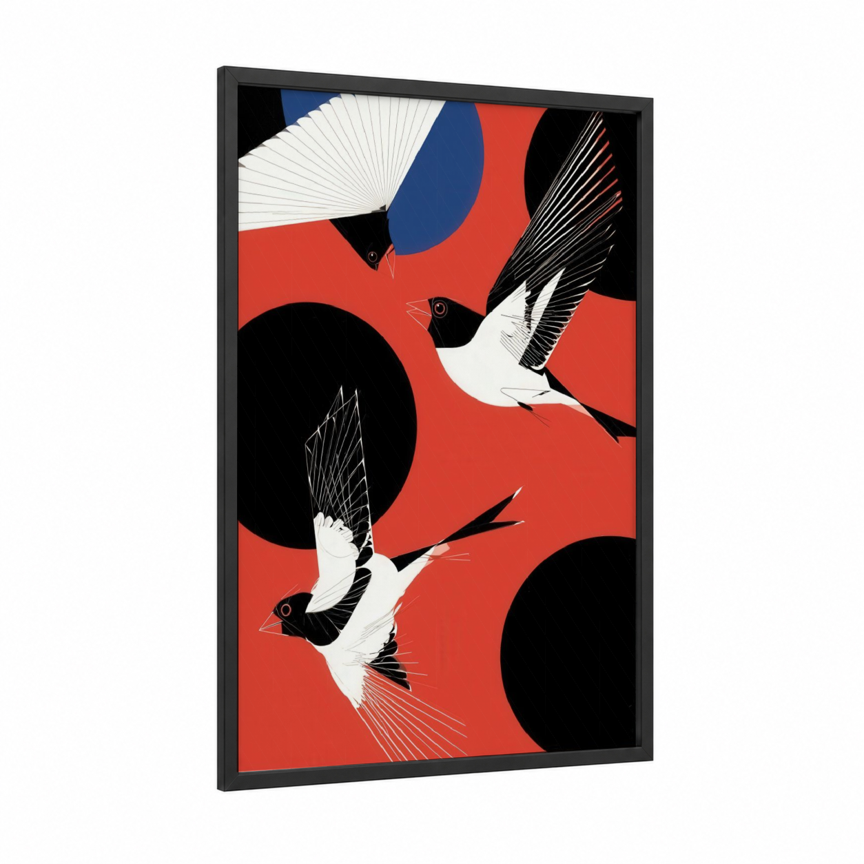 Crimson Finch Flight framed art print — black wood frame — red and black and white palette