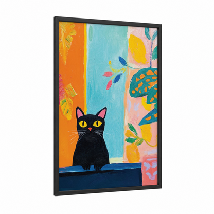 Curious Black Cat framed art print — black wood frame — orange and turquoise palette