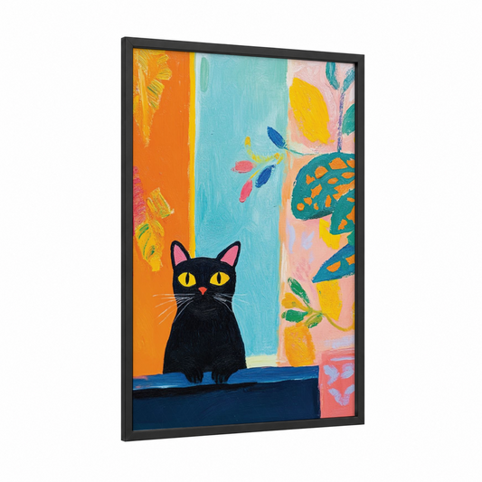 Curious Black Cat framed art print — black wood frame — orange and turquoise palette