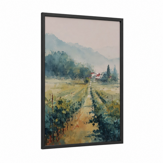 Tuscan Vineyard framed vineyards print — black wood frame — blue and gold palette