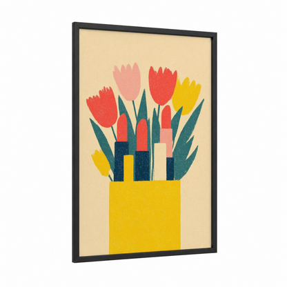 Lipstick Tulip Bouquet framed make up print — black wood frame — red and yellow gold palette