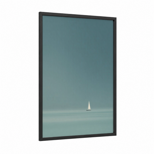 Solitary Sailboat framed sailing print — black wood frame — teal and white palette