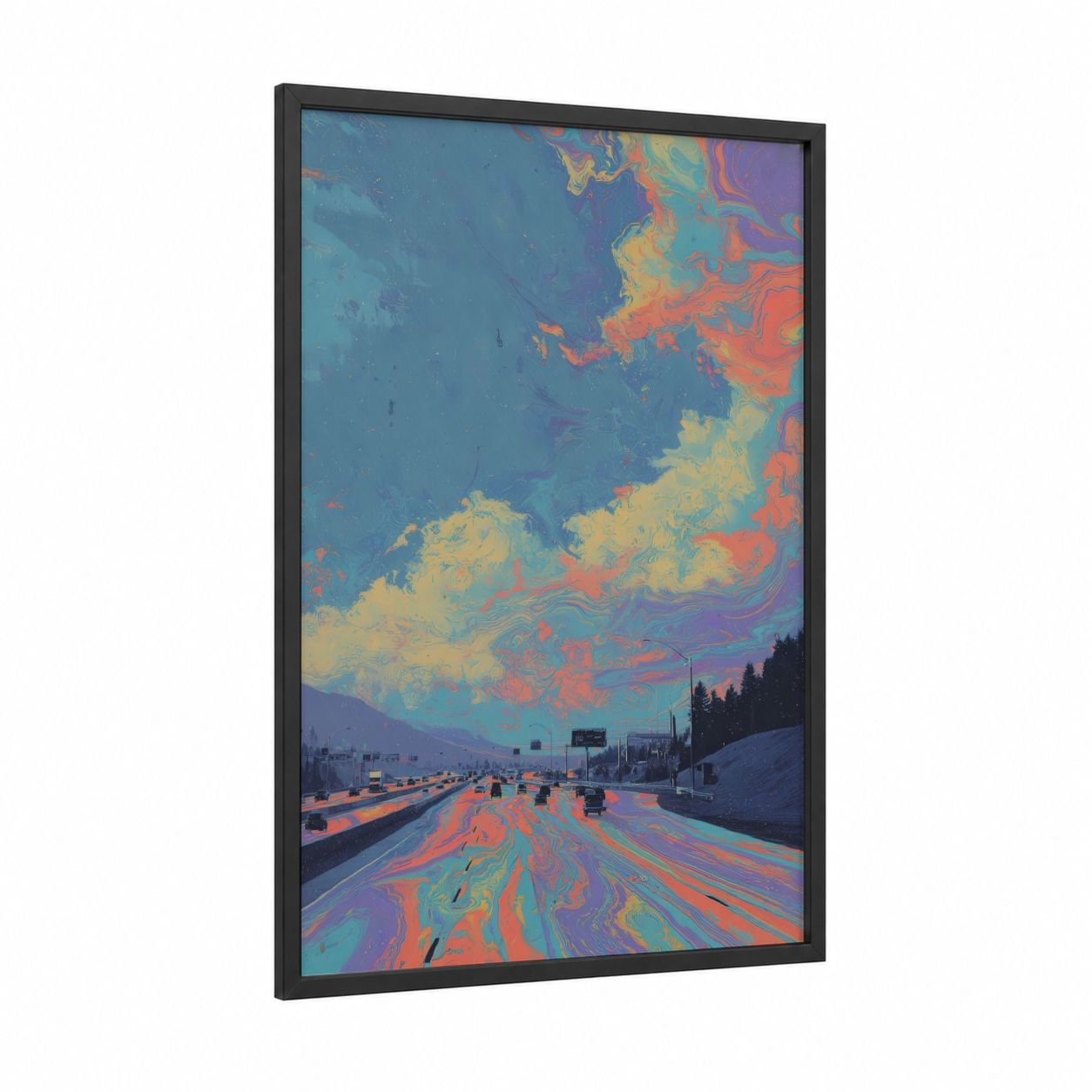 Psychedelic Highway framed road and highways print — black wood frame — blue and yellow and orange palette