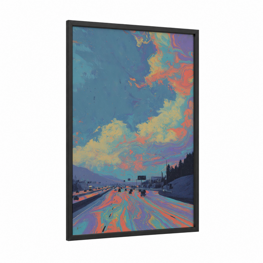 Psychedelic Highway framed road and highways print — black wood frame — blue and yellow and orange palette