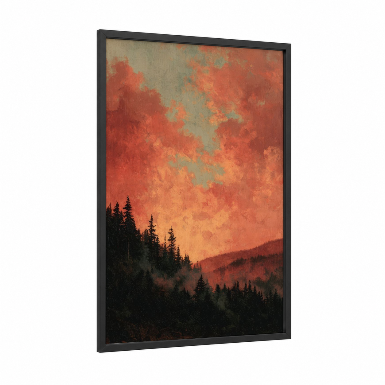 Crimson Sunset Forest framed pine forest print — black wood frame — red and gold palette