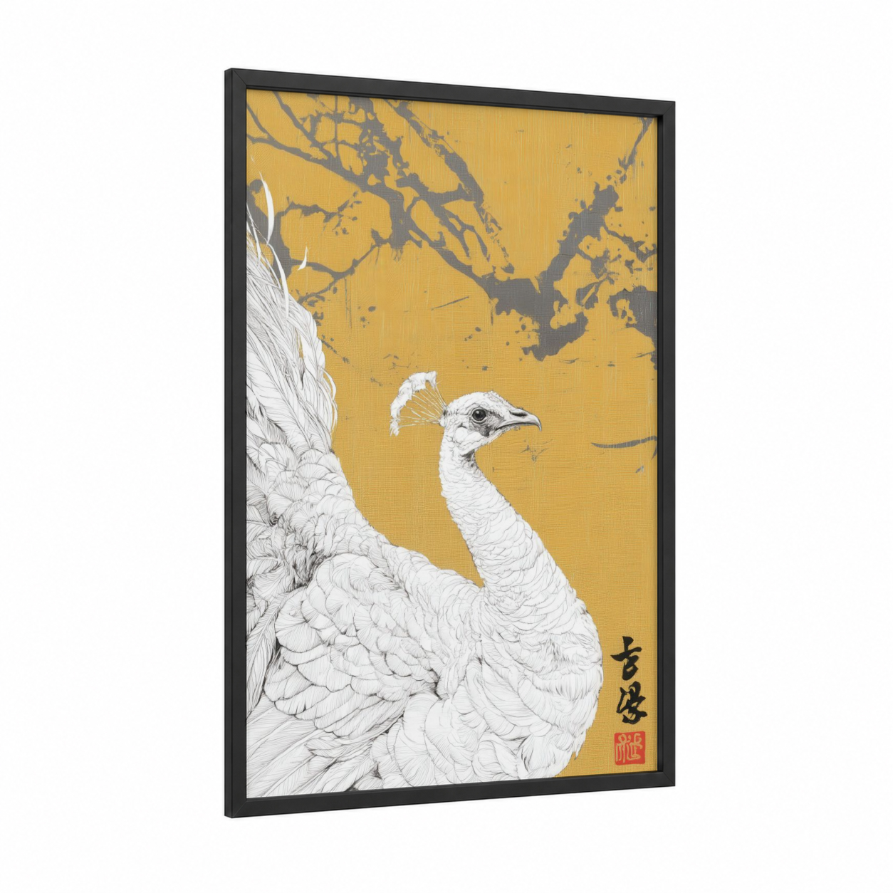 Golden Peacock framed art print — black wood frame — yellow gold and white palette