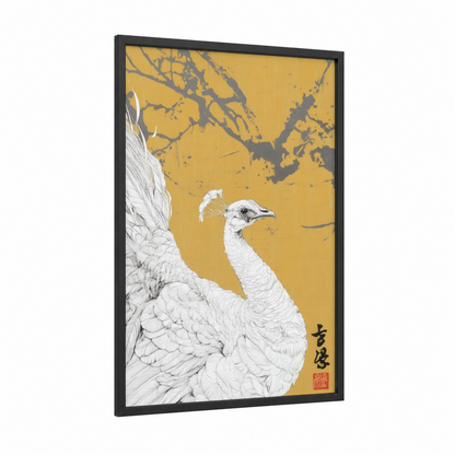 Golden Peacock framed art print — black wood frame — yellow gold and white palette