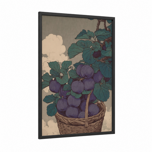 Purple Gooseberries Basket framed fruit print — black wood frame — dark green and purple palette
