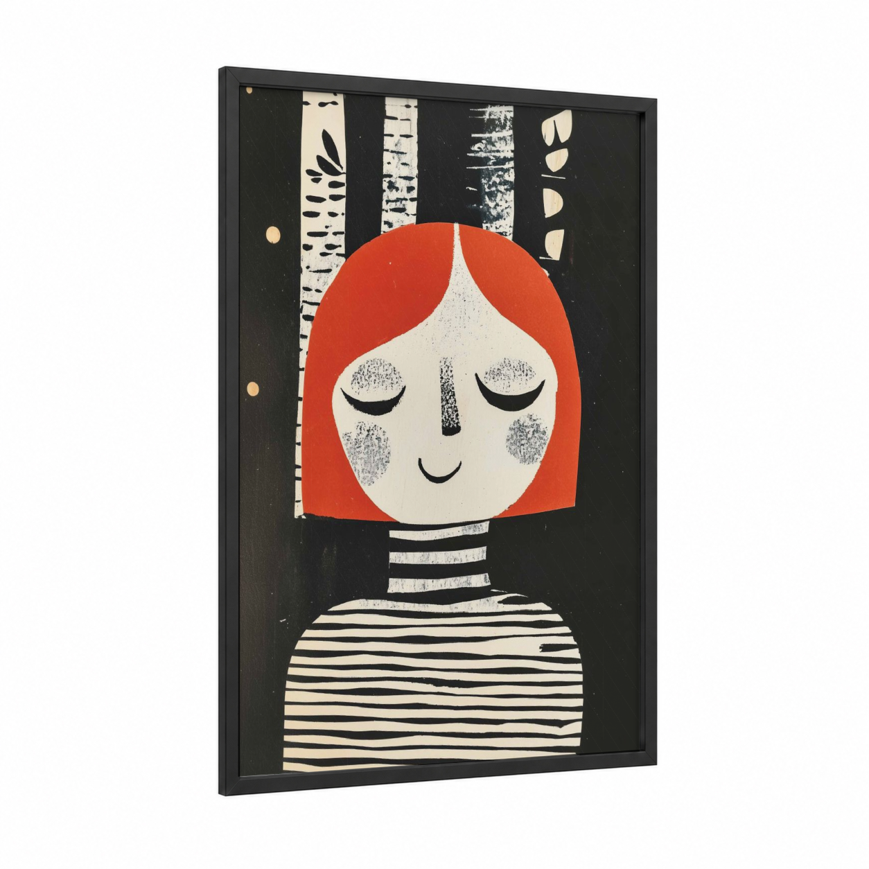 Serene Forest Girl framed art for girl print — black wood frame — red and black and white palette