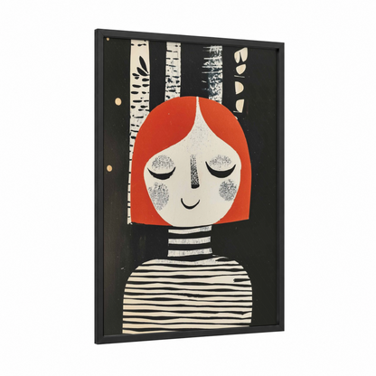 Serene Forest Girl framed art for girl print — black wood frame — red and black and white palette