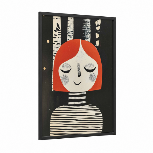 Serene Forest Girl framed art for girl print — black wood frame — red and black and white palette