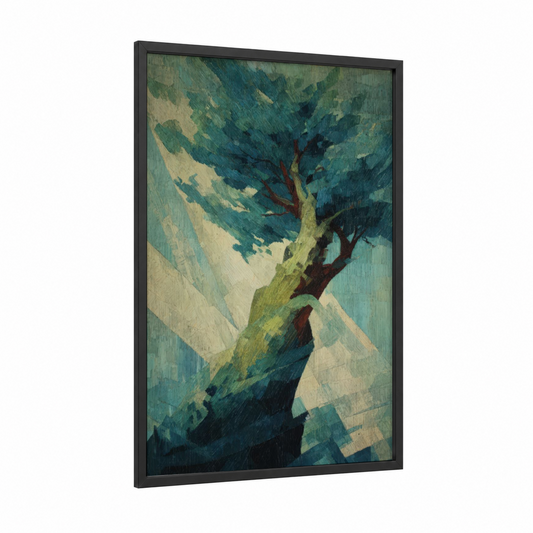 Verdant Cedar framed cedar tree print — black wood frame — teal and sage green palette