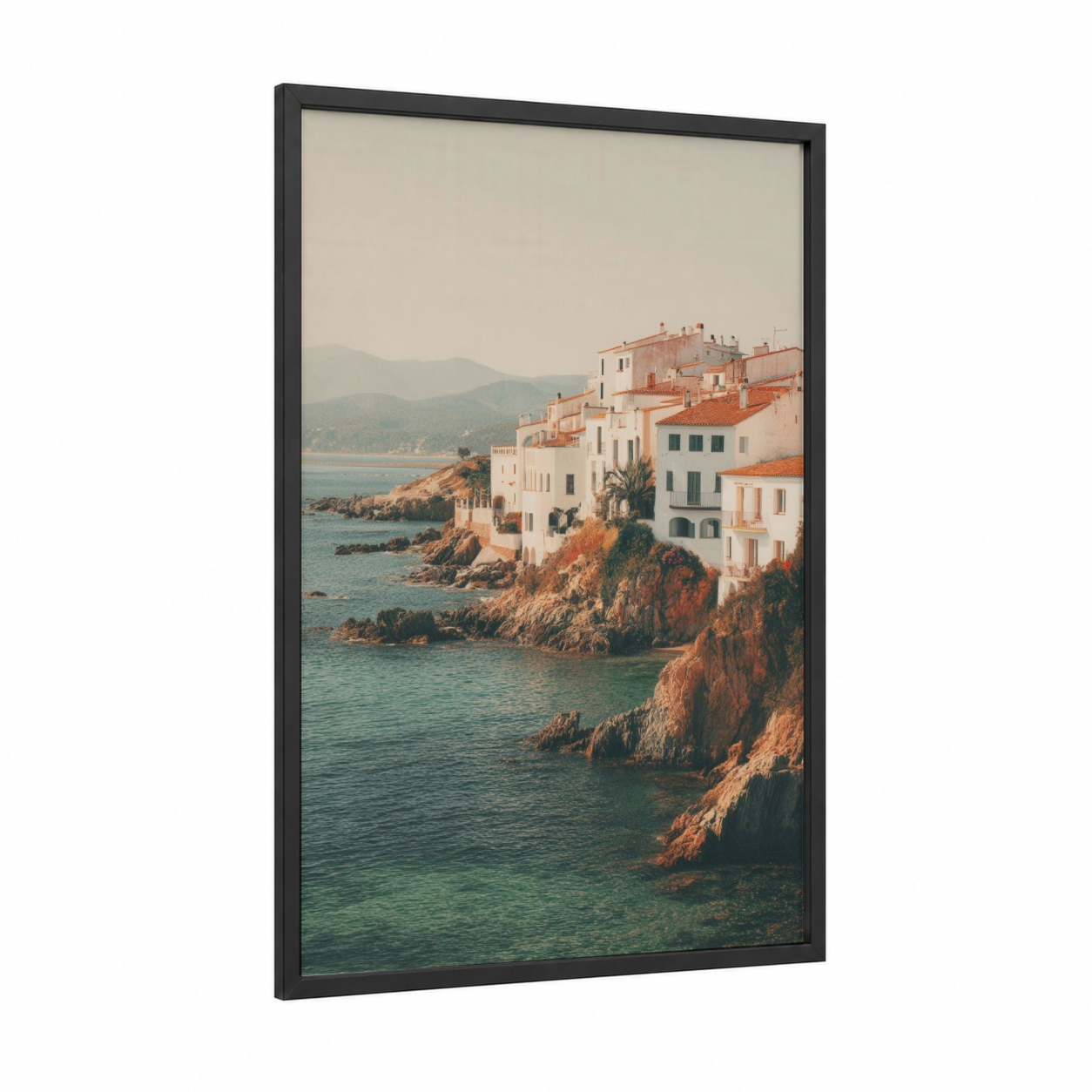 Mediterranean Coastal Town framed summer print — black wood frame — peach and aquamarine palette