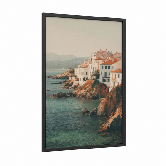 Mediterranean Coastal Town framed summer print — black wood frame — peach and aquamarine palette
