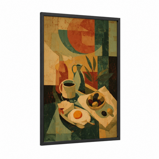 Cubist Breakfast framed art print — black wood frame — orange and dark green palette