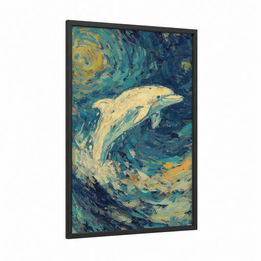 Golden Dolphin Wave framed dolphins print — black wood frame — gold and teal palette