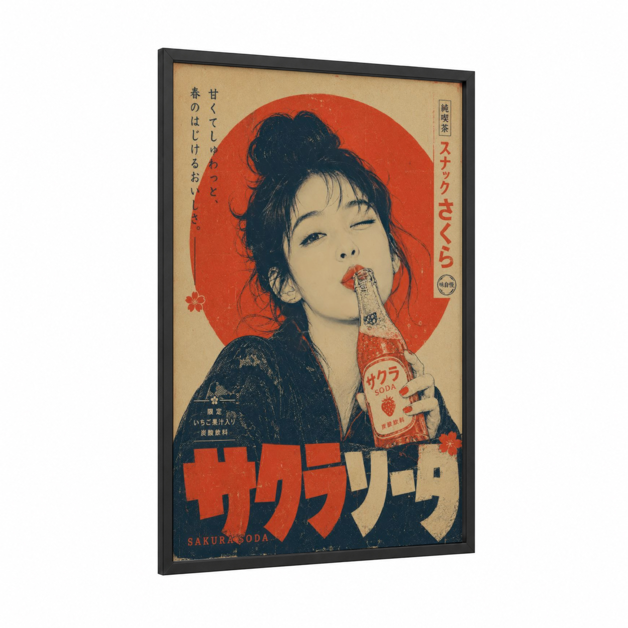Vintage Japanese Soda Advertisement Wall Art framed vintage japanese ads print — black wood frame — red and beige palette