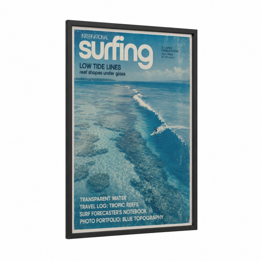Vintage Surfing Magazine Ocean Wave Wall Art framed art print — black wood frame — blue and turquoise palette