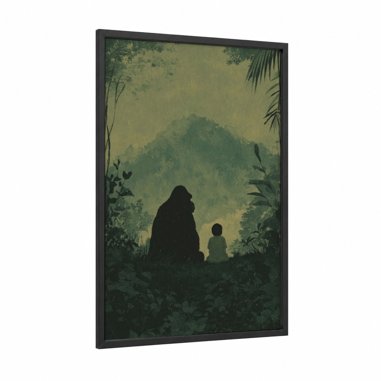 Jungle Guardian framed kids animals print — black wood frame — green and olive palette