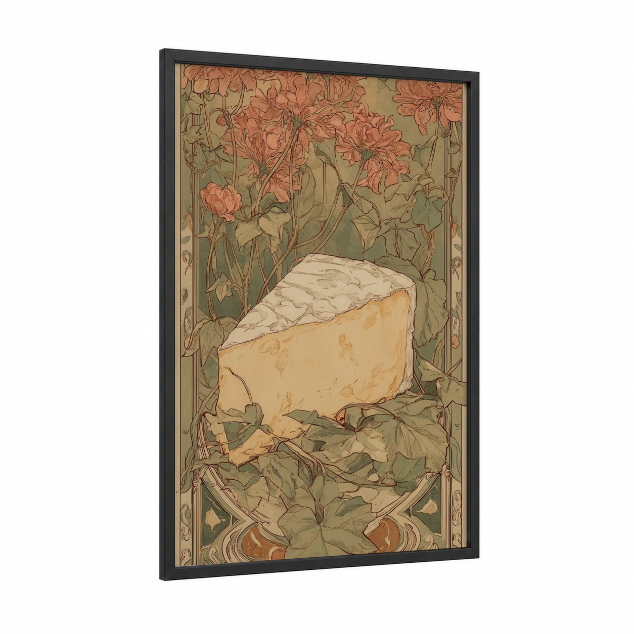 Blooming Cheese framed art print — black wood frame — cream and sage green palette