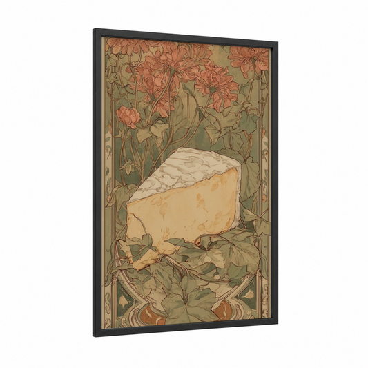 Blooming Cheese framed art print — black wood frame — cream and sage green palette