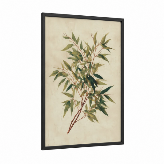 Delicate Bamboo framed art print — black wood frame — light green and beige palette