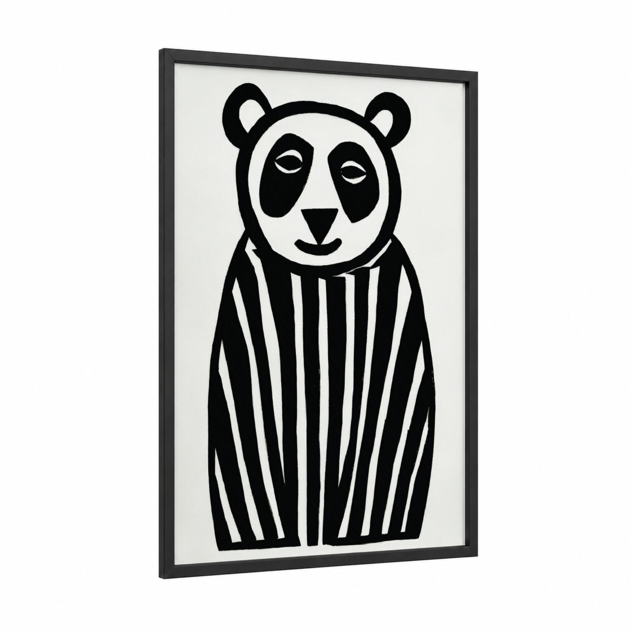 Striped Panda framed art print — black wood frame — black and white palette