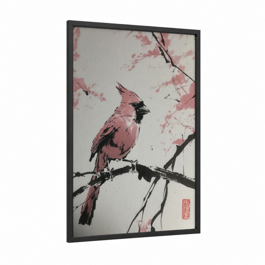 Crimson Cardinal Branch framed art print — black wood frame — salmon pink and black and white palette