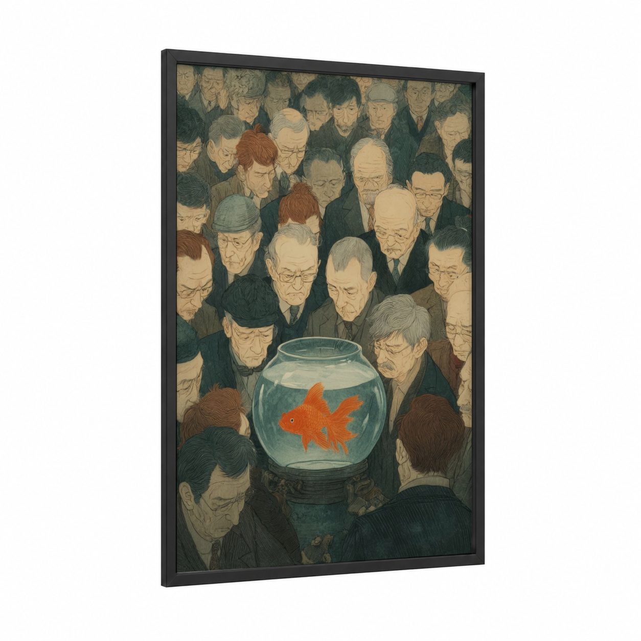 Crowded Goldfish framed art print — black wood frame — gold and gray palette