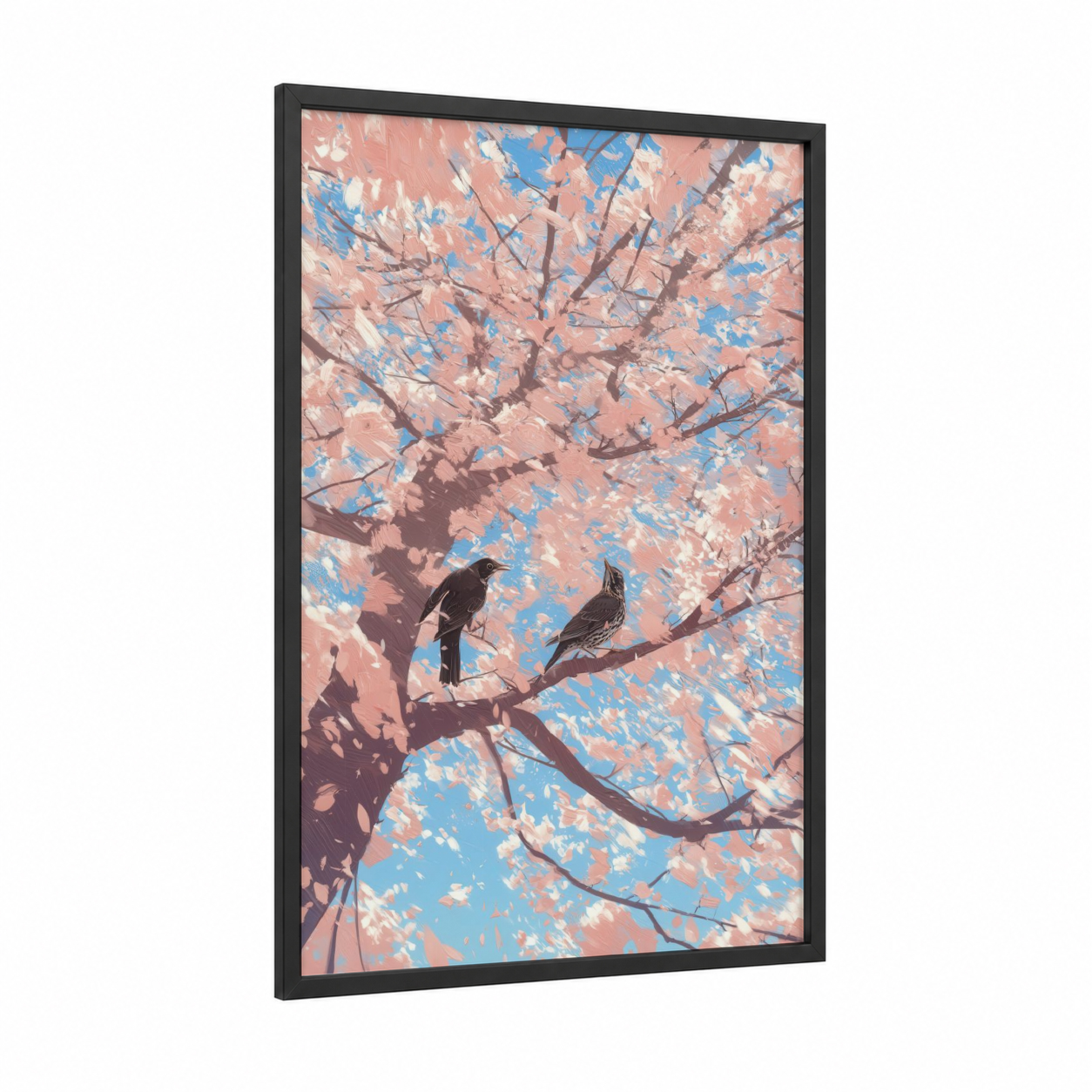 Blossoming Thrush Pair framed art print — black wood frame — peach and blue palette