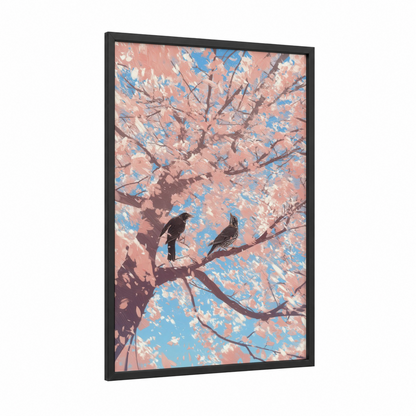 Blossoming Thrush Pair framed art print — black wood frame — peach and blue palette