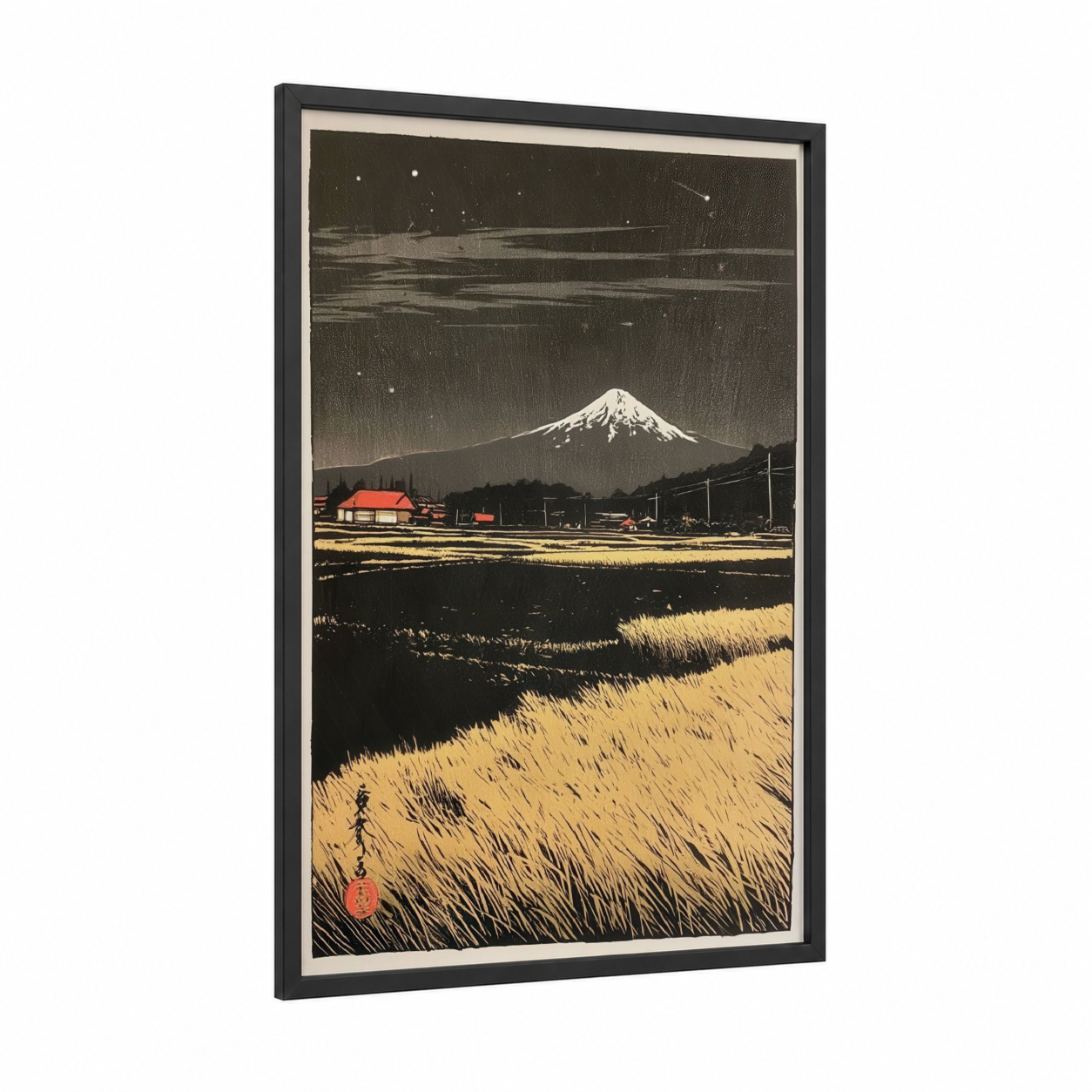 Snowy Mountain Vista framed various landscapes print — black wood frame — black and gold and cream palette