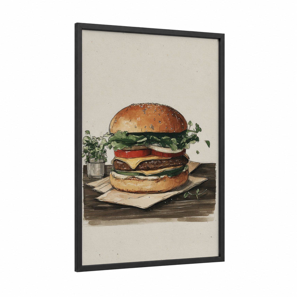 Gourmet Burger Stack framed fast food print — black wood frame — cream and russet palette