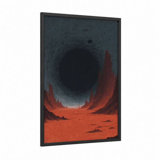Crimson Void Portal framed dark fantasy print — black wood frame — black and red palette