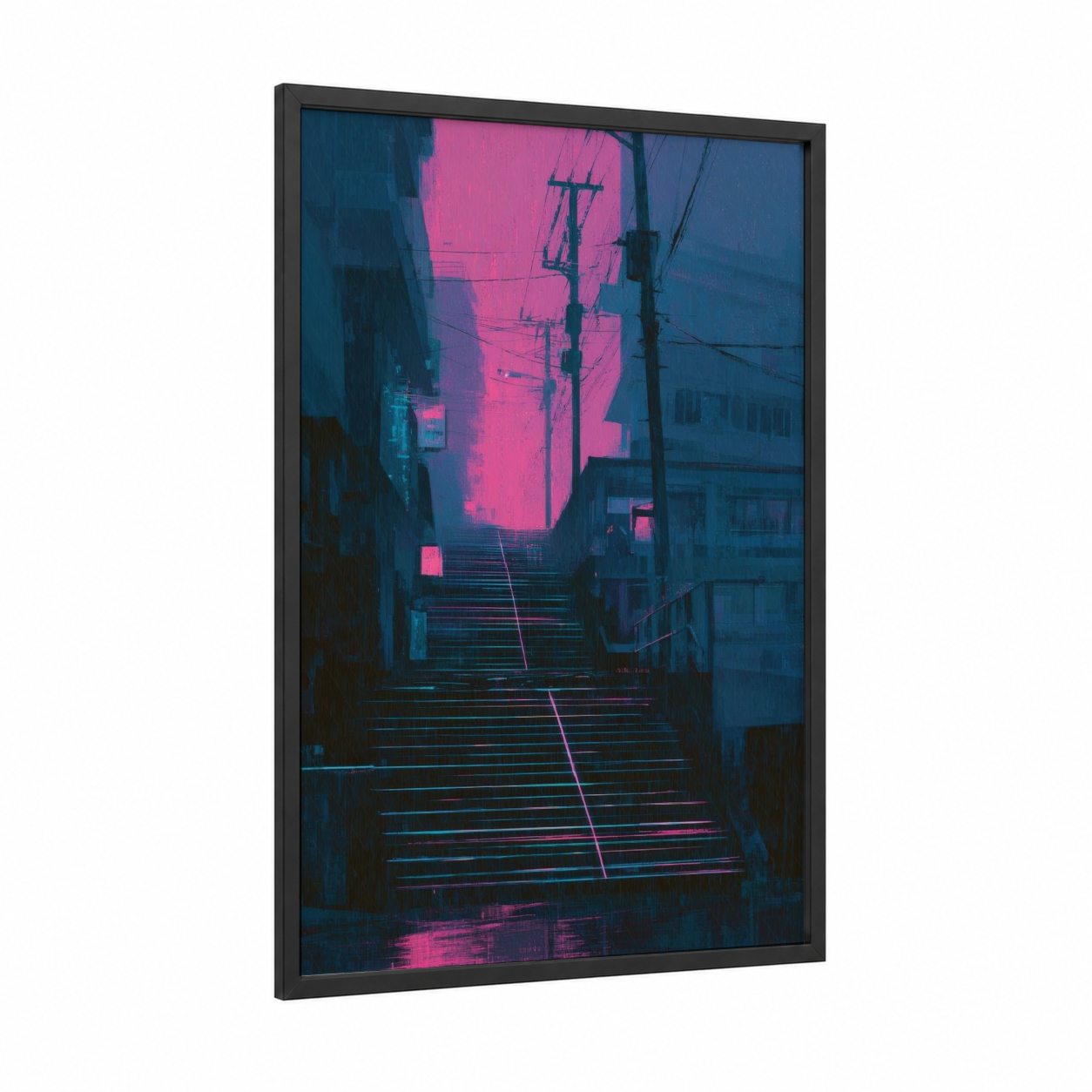Neon Staircase framed art print — black wood frame — magenta and blue palette