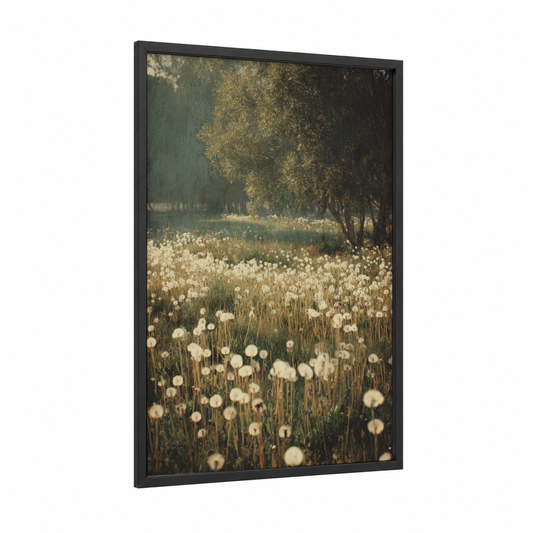 Meadow Dandelions framed art print — black wood frame — cream and sage green palette